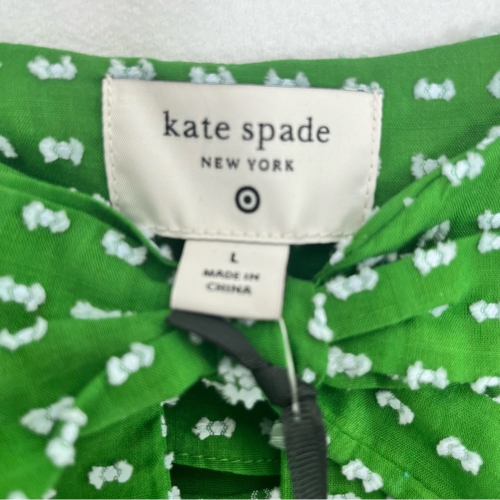 NWT Kate Spade Blouse Textured Polka Dot Bow Front Puff Sleeve Green Top Size L - Picture 4 of 9